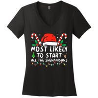 Most Likely To Start All The Shenanigans Family Xmas Holiday Women's V-Neck T-Shirt