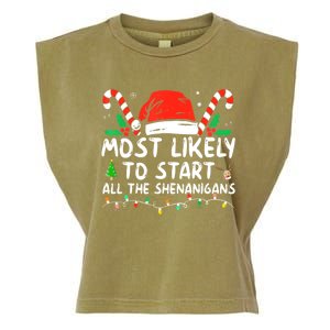 Most Likely To Start All The Shenanigans Family Xmas Holiday Garment-Dyed Women's Muscle Tee