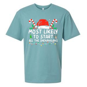 Most Likely To Start All The Shenanigans Family Xmas Holiday Sueded Cloud Jersey T-Shirt