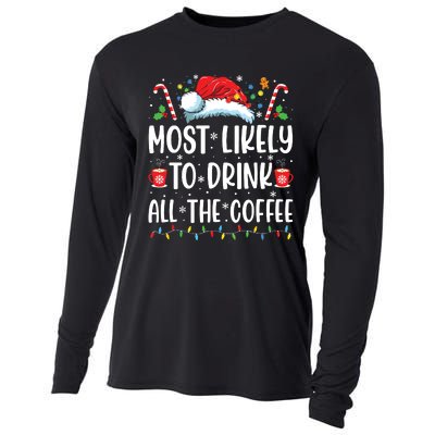 Most Likely To Drink All The Coffee Funny Family Christmas Cooling Performance Long Sleeve Crew