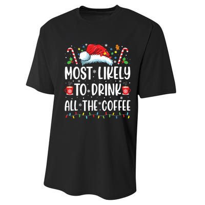 Most Likely To Drink All The Coffee Funny Family Christmas Performance Sprint T-Shirt