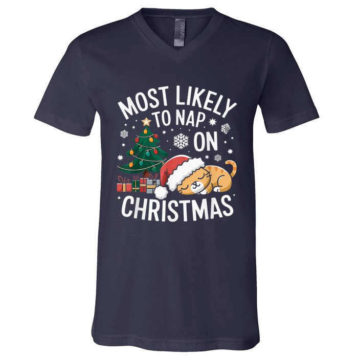 Most Likely To Nap On Christmas Matching Family Christmas V-Neck T-Shirt