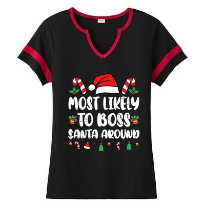 Most Likely To Boss Santa Around Christmas Family Pajamas Ladies Halftime Notch Neck Tee