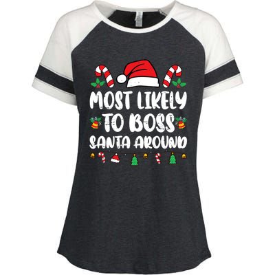 Most Likely To Boss Santa Around Christmas Family Pajamas Enza Ladies Jersey Colorblock Tee