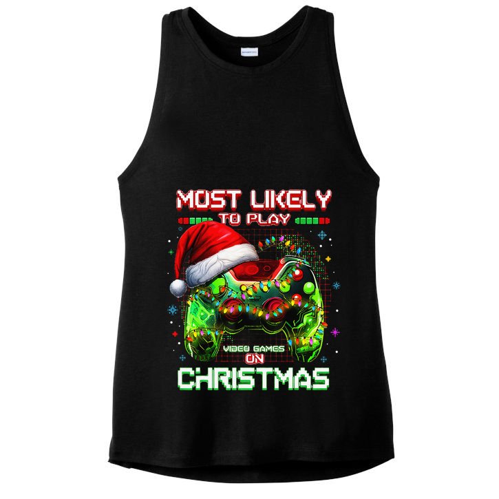 Most Likely To Play Video Games On Christmas Santa Gift Ladies PosiCharge Tri-Blend Wicking Tank