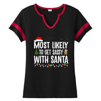 Most Likely To Get Sassy with Santa Funny Family Christmas  Ladies Halftime Notch Neck Tee