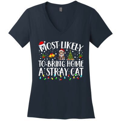 Most Likely To Bring Home A Stray Cat Matching Christmas Women's V-Neck T-Shirt