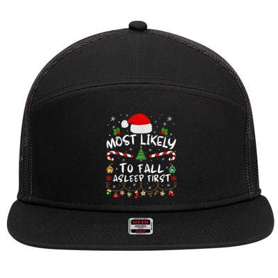 Most Likely To Fall Asleep First Funny Xmas Family 7 Panel Mesh Trucker Snapback Hat