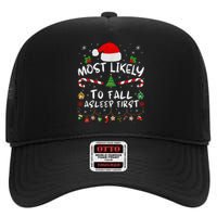 Most Likely To Fall Asleep First Funny Xmas Family High Crown Mesh Back Trucker Hat