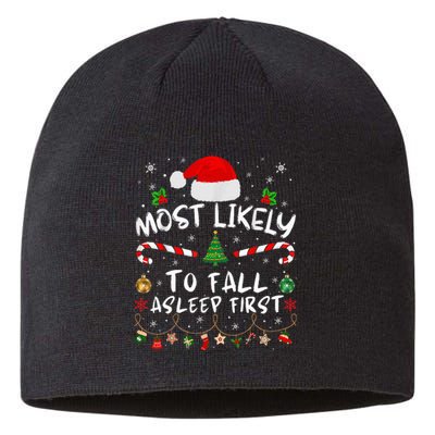 Most Likely To Fall Asleep First Funny Xmas Family Sustainable Beanie