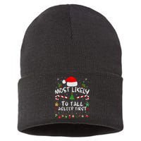 Most Likely To Fall Asleep First Funny Xmas Family Sustainable Knit Beanie