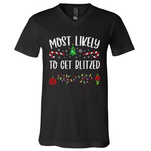 Most Likely To Get Blitzed Funny Christmas Family Matching Cute Christmas Fami V-Neck T-Shirt