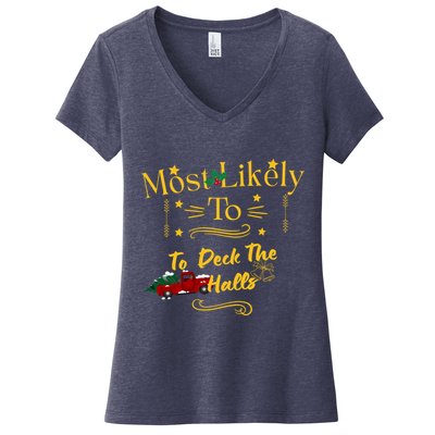 Most Likely To Deck The Halls Gold Women's V-Neck T-Shirt