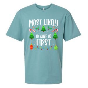 Most Likely To Wake Up First On Christmas Morning Xmas Light Meaningful Gift Sueded Cloud Jersey T-Shirt