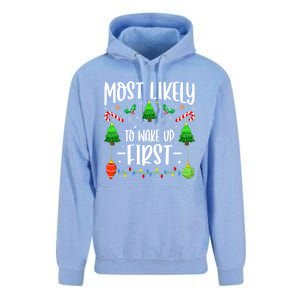 Most Likely To Wake Up First On Christmas Morning Xmas Light Meaningful Gift Unisex Surf Hoodie