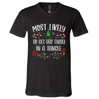 Most Likely To Get Her Tinsel In A Tangle Funny Christmas Family Matching Cute V-Neck T-Shirt