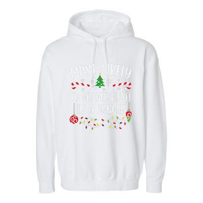 Most Likely To Get Her Tinsel In A Tangle Funny Christmas Family Matching Cute Garment-Dyed Fleece Hoodie