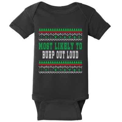 Most Likely To Burp Out Loud Humorous Ugly Xmas Design Baby Bodysuit