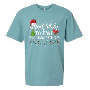 Most Likely To Take Too Y Pictures Funny Christmas Pajama Cute Gift Sueded Cloud Jersey T-Shirt