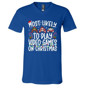 Most Likely To Play Video Games On Christmas Gaming Gamer Gift V-Neck T-Shirt