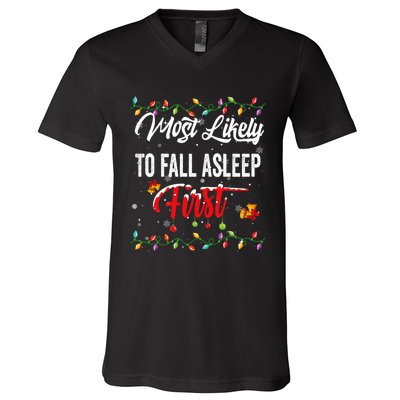 Most Likely To Fall Asleep First Family Matching Pjs Xmas V-Neck T-Shirt