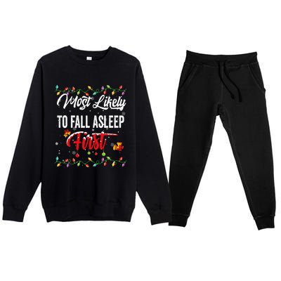 Most Likely To Fall Asleep First Family Matching Pjs Xmas Premium Crewneck Sweatsuit Set