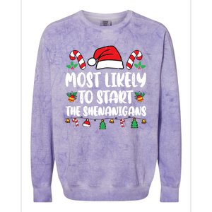 Most Likely To Start The Shenanigans Funny Christmas Pajamas Colorblast Crewneck Sweatshirt