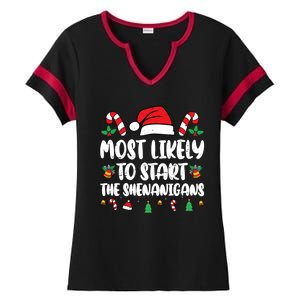 Most Likely To Start The Shenanigans Funny Christmas Pajamas Ladies Halftime Notch Neck Tee