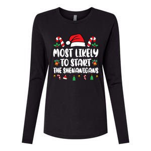 Most Likely To Start The Shenanigans Funny Christmas Pajamas Womens Cotton Relaxed Long Sleeve T-Shirt