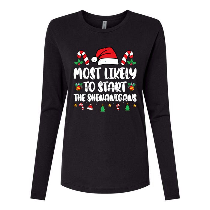 Most Likely To Start The Shenanigans Funny Christmas Pajamas Womens Cotton Relaxed Long Sleeve T-Shirt