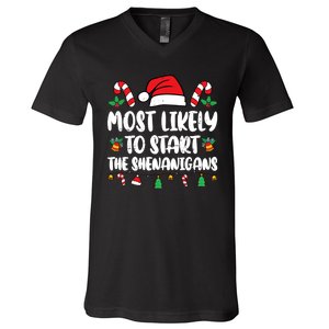 Most Likely To Start The Shenanigans Funny Christmas Pajamas V-Neck T-Shirt