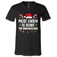 Most Likely To Start The Shenanigans Funny Christmas Pajamas V-Neck T-Shirt