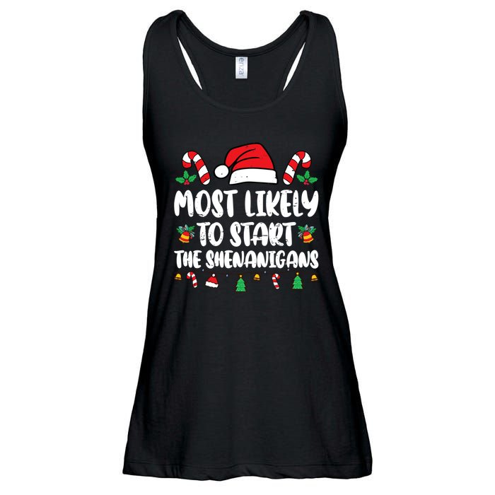 Most Likely To Start The Shenanigans Funny Christmas Pajamas Ladies Essential Flowy Tank