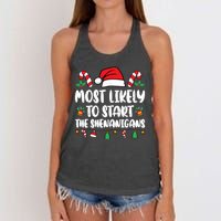 Most Likely To Start The Shenanigans Funny Christmas Pajamas Women's Knotted Racerback Tank