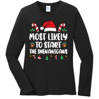 Most Likely To Start The Shenanigans Funny Christmas Pajamas Ladies Long Sleeve Shirt