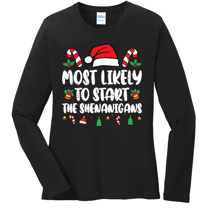 Most Likely To Start The Shenanigans Funny Christmas Pajamas Ladies Long Sleeve Shirt