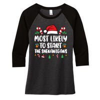 Most Likely To Start The Shenanigans Funny Christmas Pajamas Women's Tri-Blend 3/4-Sleeve Raglan Shirt