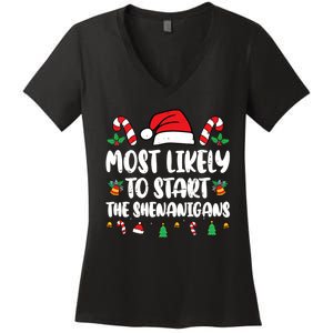 Most Likely To Start The Shenanigans Funny Christmas Pajamas Women's V-Neck T-Shirt