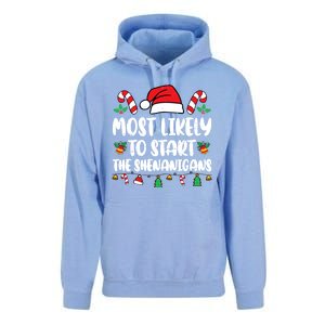 Most Likely To Start The Shenanigans Funny Christmas Pajamas Unisex Surf Hoodie