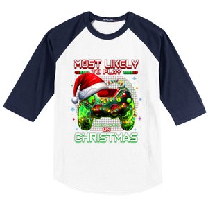 Most Likely To Play Video Games On Christmas Santa Baseball Sleeve Shirt