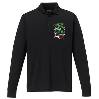 Most Likely To Shoot The Reindeer Funny Holiday Christmas  Performance Long Sleeve Polo