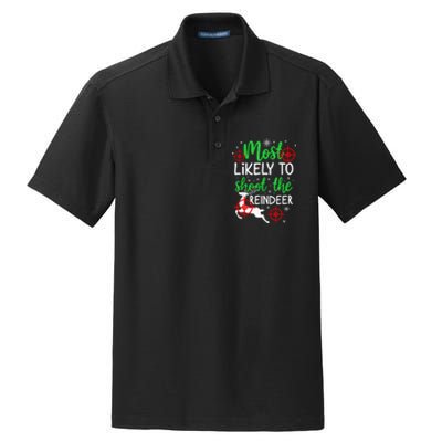 Most Likely To Shoot The Reindeer Funny Holiday Christmas  Dry Zone Grid Polo