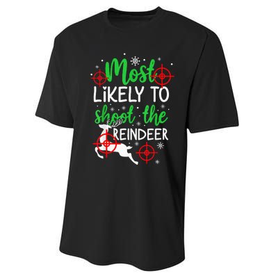 Most Likely To Shoot The Reindeer Funny Holiday Christmas  Performance Sprint T-Shirt