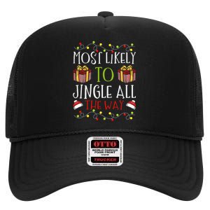 Most Likely To Jingle All The Way Christmas Bell Ring High Crown Mesh Back Trucker Hat