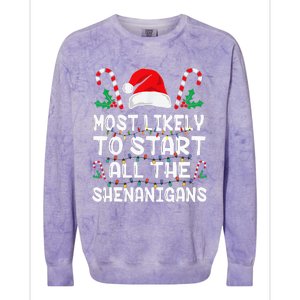 Most Likely To Start All The Shenanigans Christmas Family Colorblast Crewneck Sweatshirt