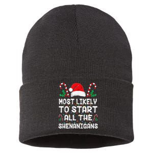 Most Likely To Start All The Shenanigans Christmas Family Sustainable Knit Beanie