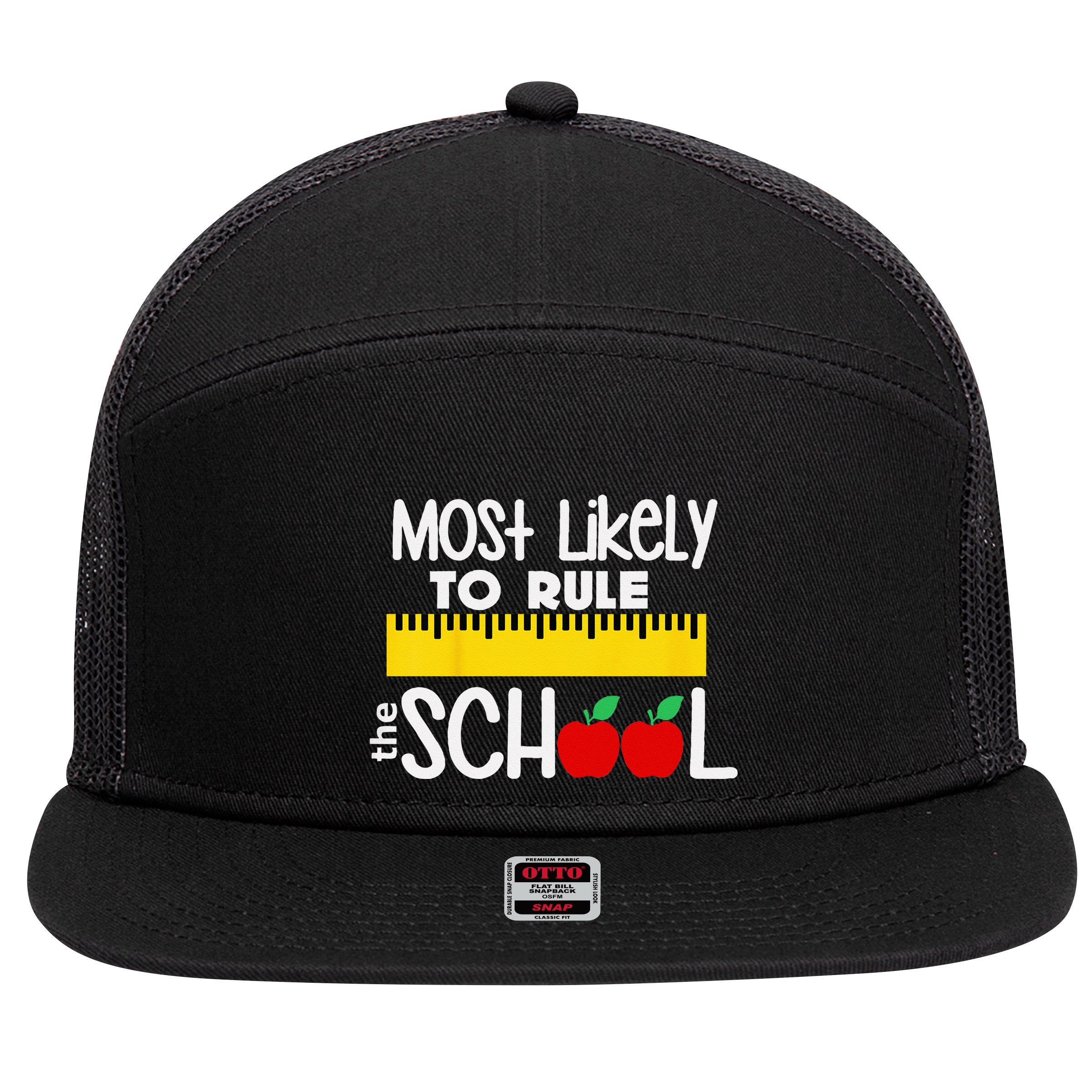 MOST LIKELY TO RULE THE SCHOOL RULER & APPLE 7 Panel Mesh Trucker Snapback Hat