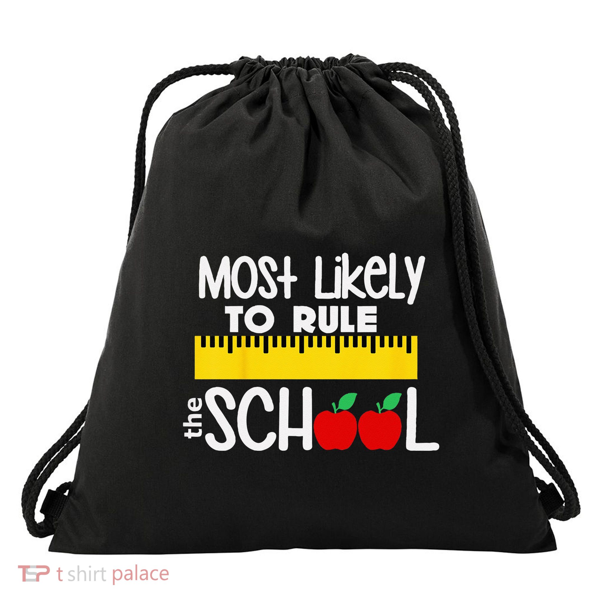 MOST LIKELY TO RULE THE SCHOOL RULER & APPLE Drawstring Bag