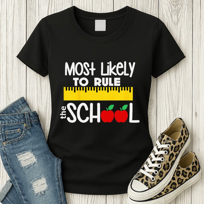 MOST LIKELY TO RULE THE SCHOOL RULER & APPLE Womens T-Shirt