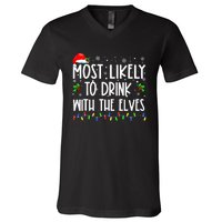 Most Likely To Drink With The Elves Elf Family Christmas V-Neck T-Shirt